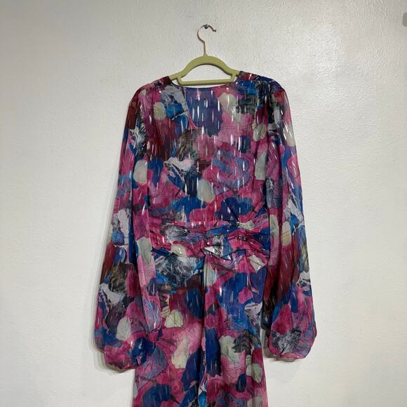 Adrienne Landau Floral Watercolor Draped High Slit Deep V Maxi Gown Sz 12 NWT - Picture 10 of 14